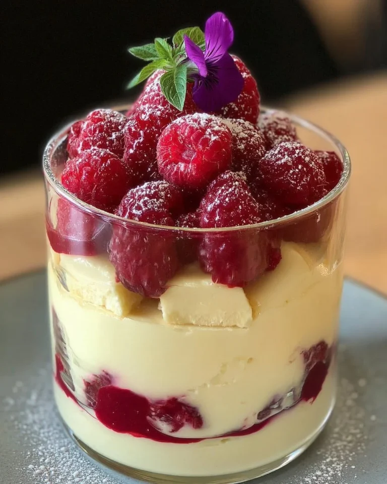 Verrines de framboise chocolat blanc garnies de fruits frais et crème douce.