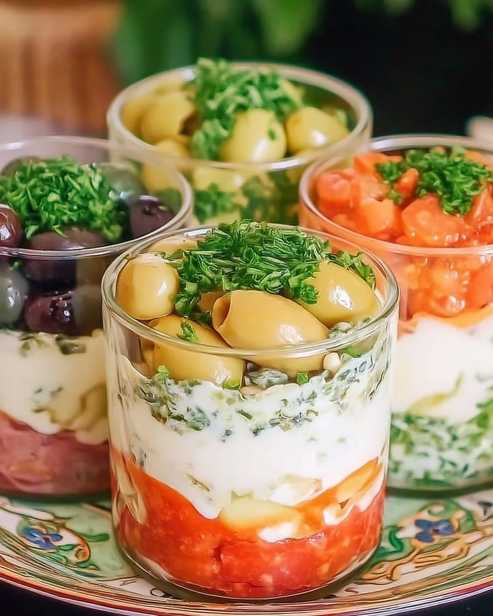 Verrines méditerranéennes colorées présentées sur une table élégante.