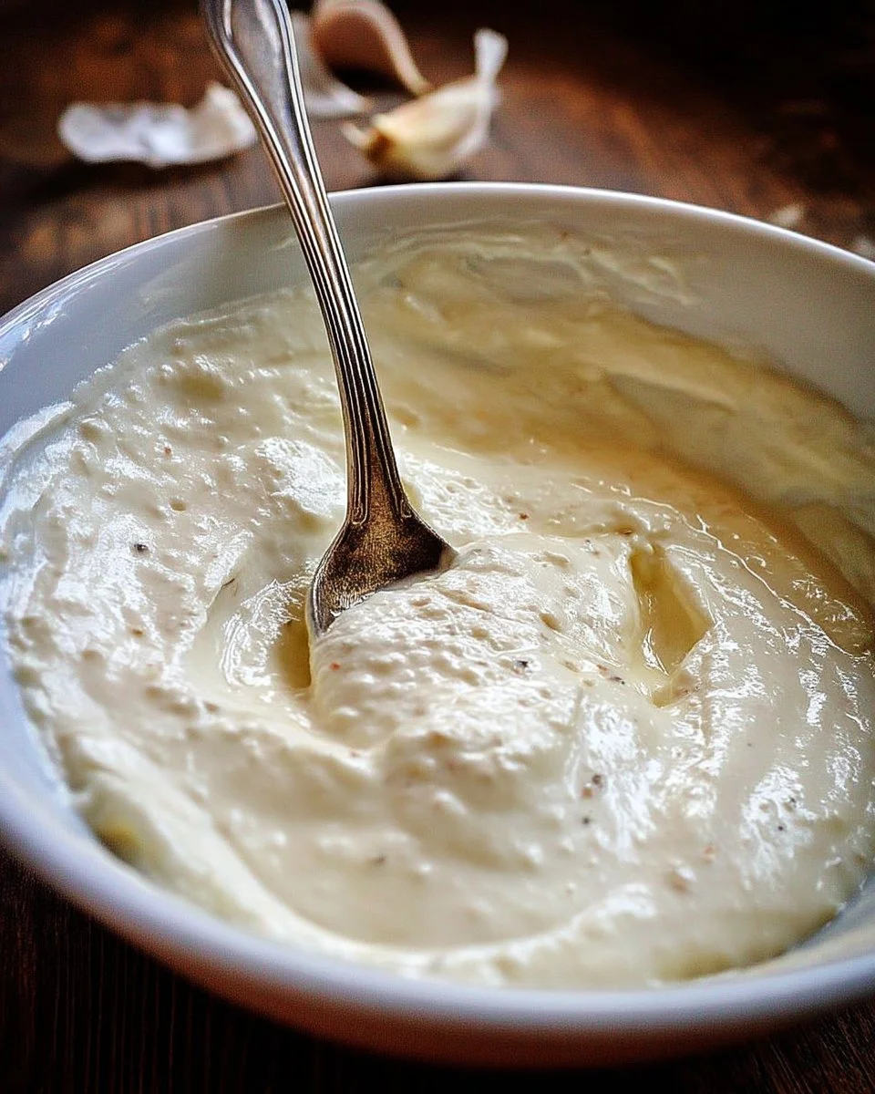 Vinaigrette au yaourt à l'ail maison dans un bol.