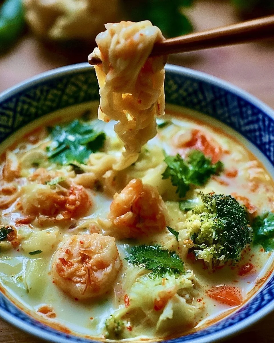 Soupe asiatique crémeuse au lait de coco avec des ingrédients colorés