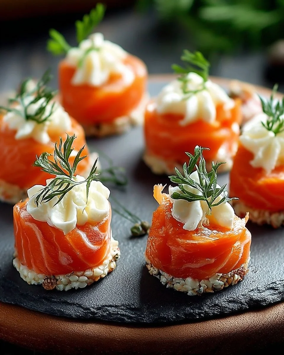 Bouchées de saumon fumé et fromage frais sur un plateau