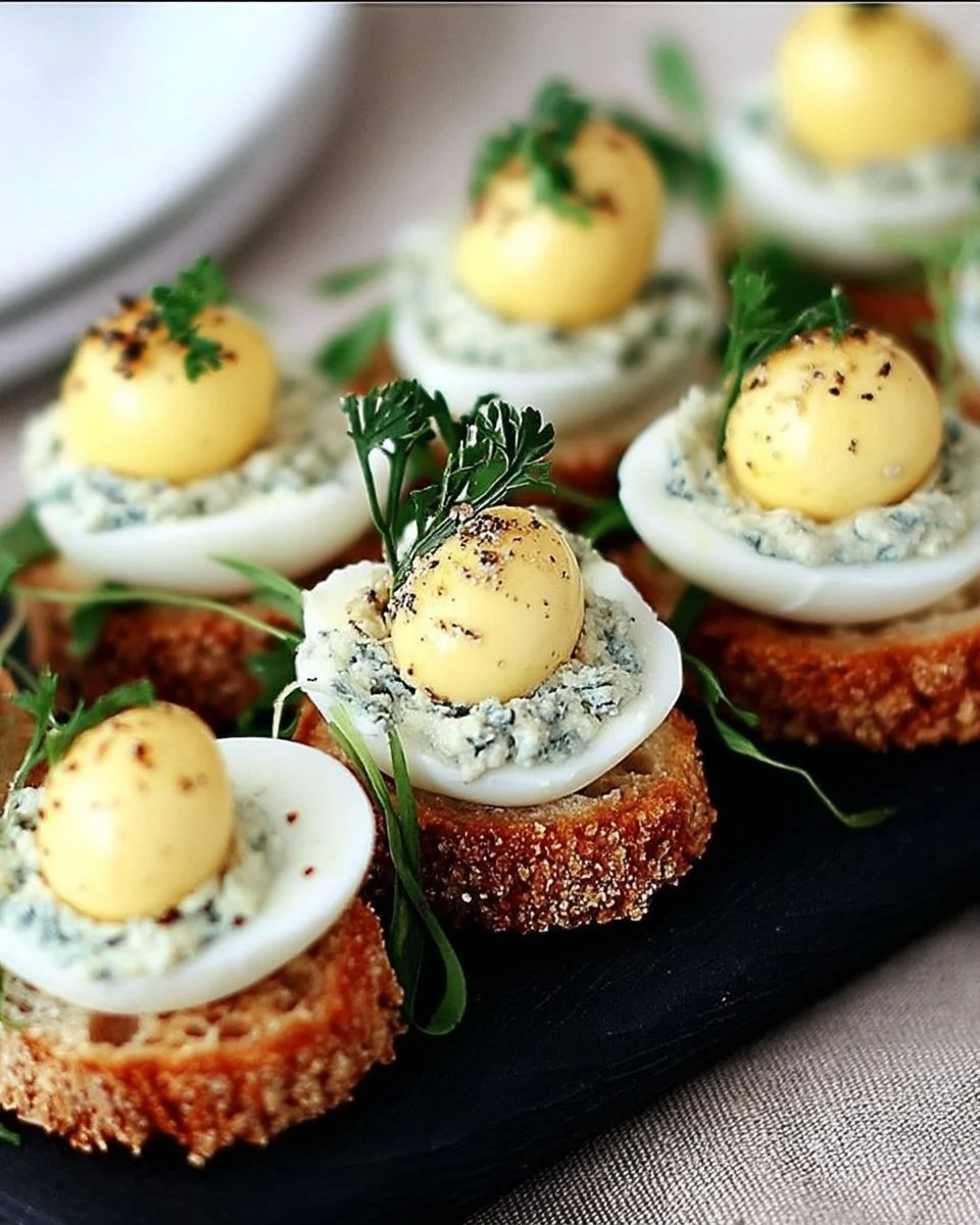 Bouchées apéritives délicieuses avec œufs de caille et mayonnaise