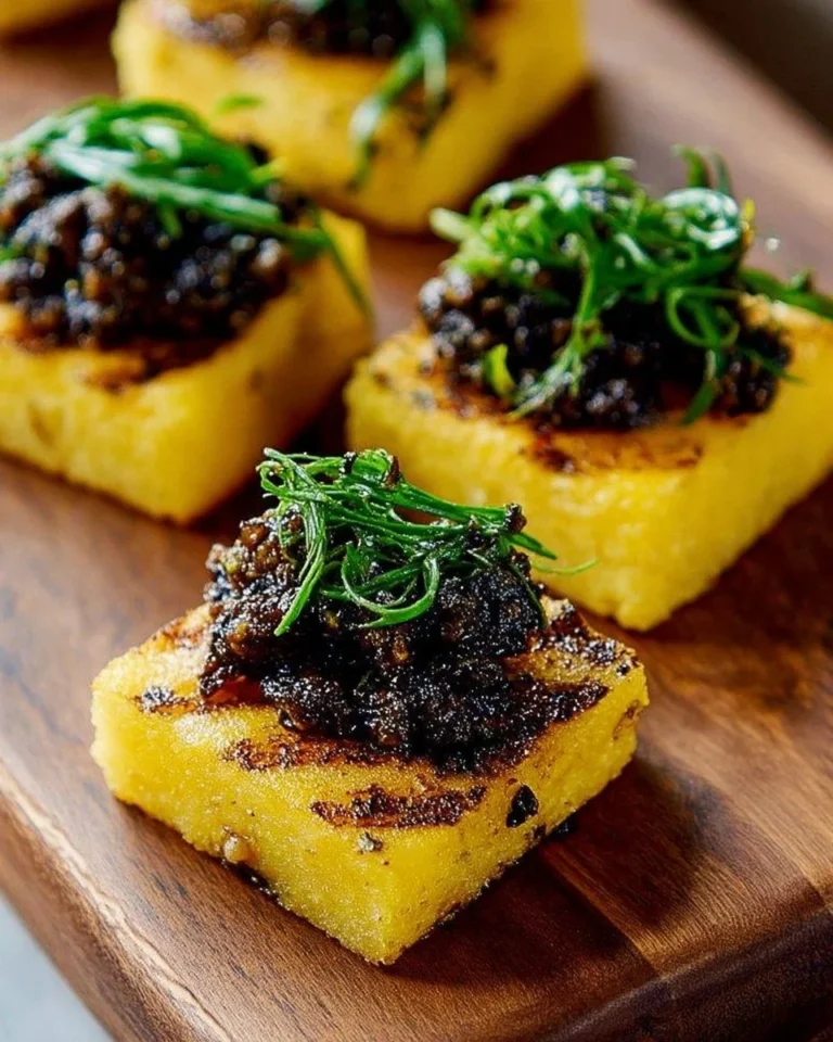 Bouchées de polenta grillée servies avec tapenade dans une assiette colorée.