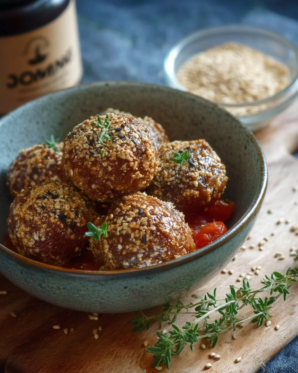 Boulettes crues à la tomate et gomasio prêtes à être servies