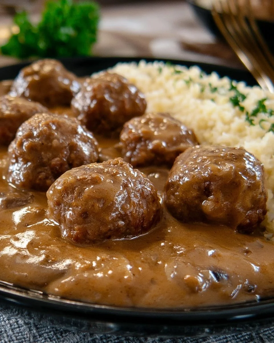 Boulettes de bœuf en sauce aux champignons dans une assiette