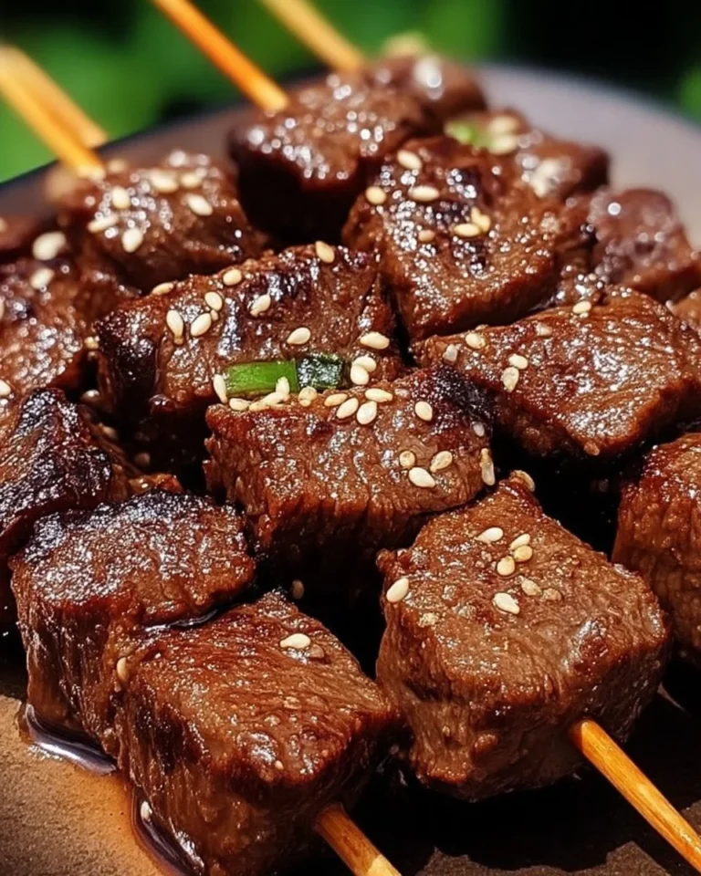 Brochettes de bœuf caramélisées au sésame prêtes à être dégustées.