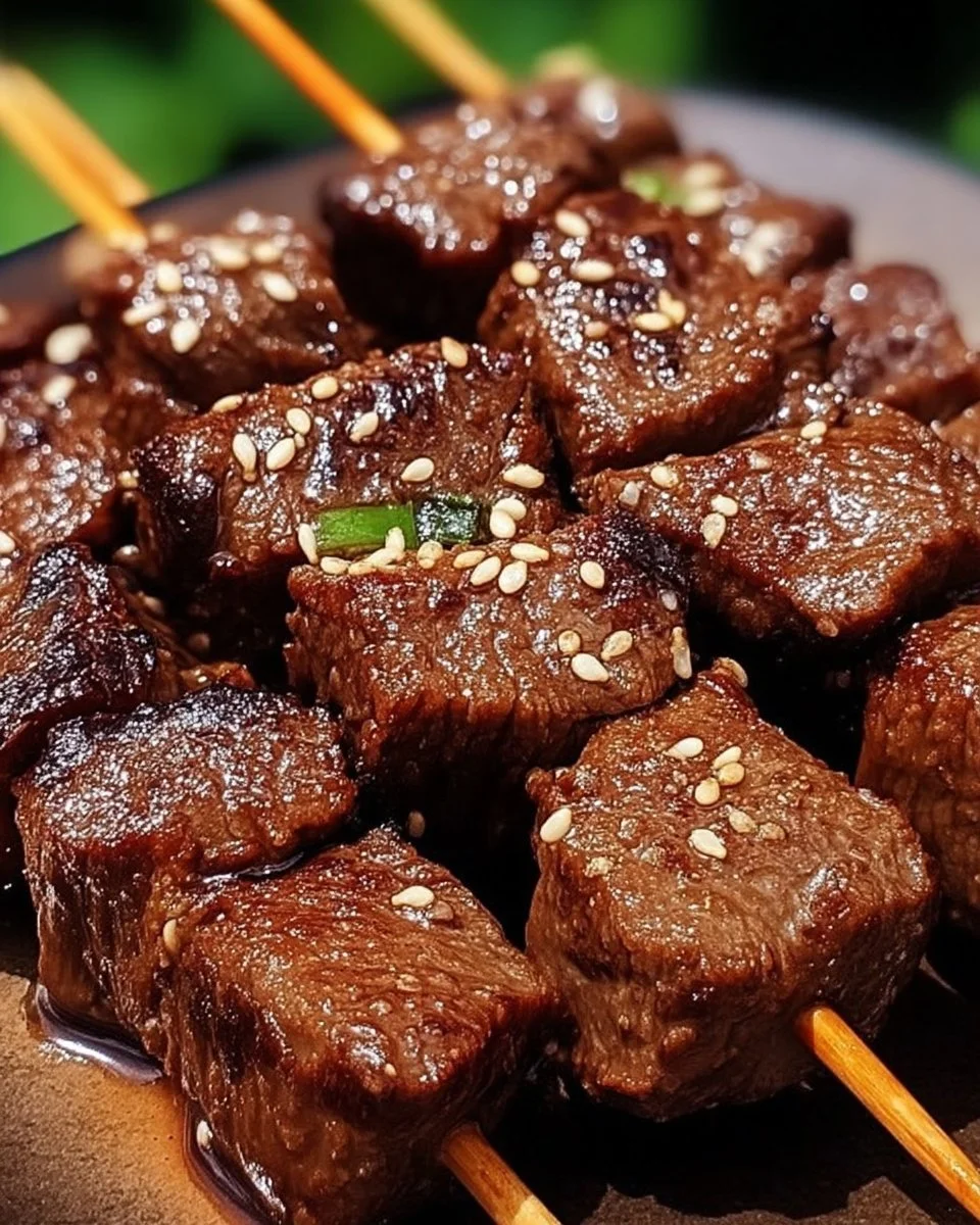 Brochettes de bœuf caramélisées au sésame prêtes à être dégustées.