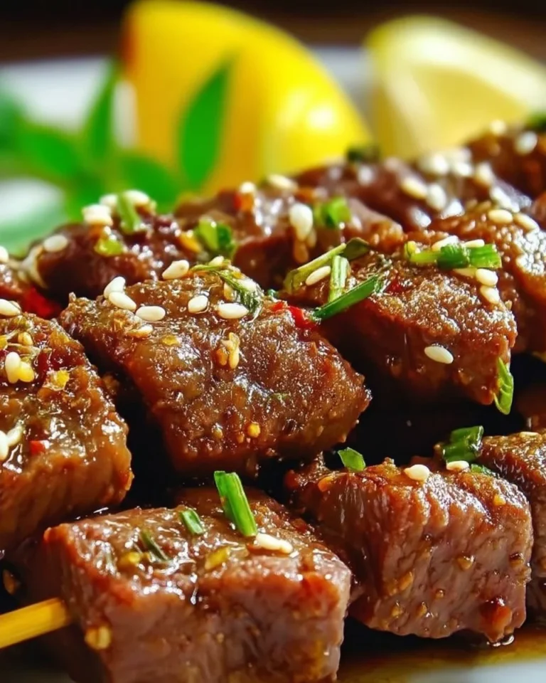 Brochettes de bœuf mariné au sésame et citron prêtes à être grillées