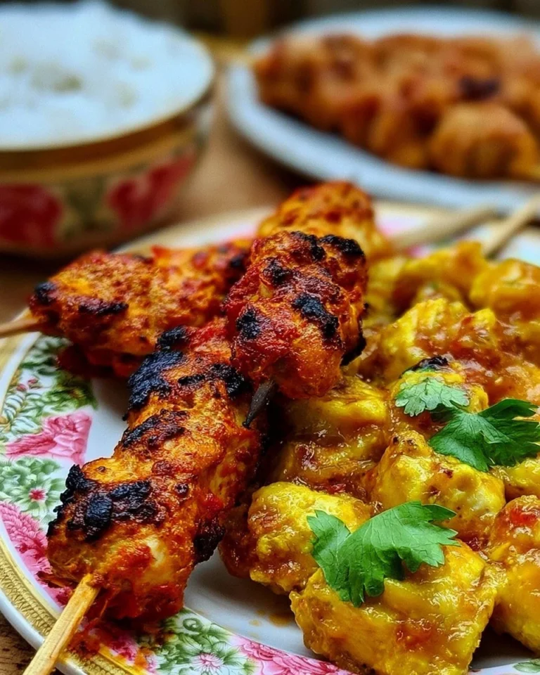 Brochettes de poulet tandoori et sucrées-salées, savoureux plat de barbecue.