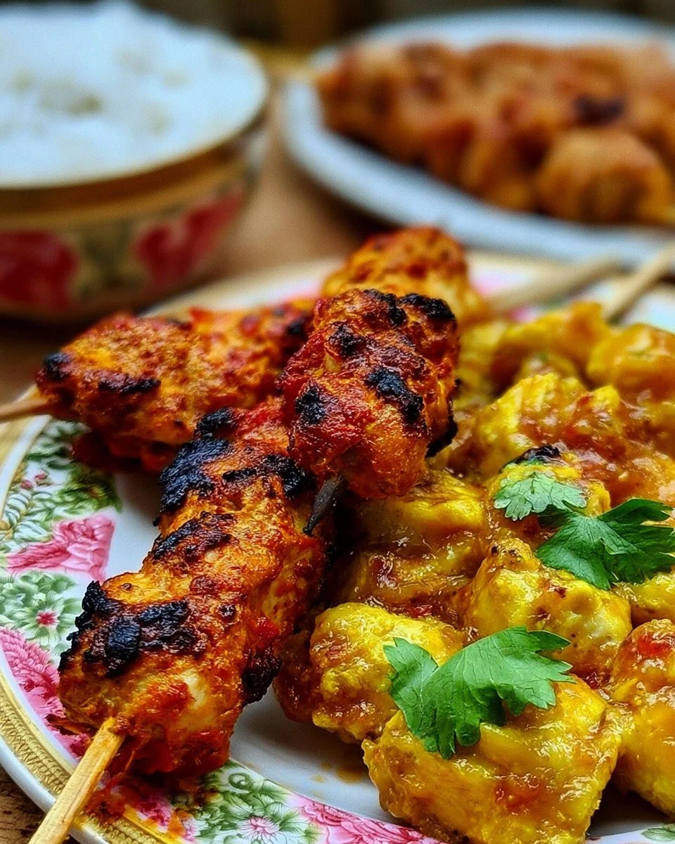 Brochettes de poulet tandoori et sucrées-salées, savoureux plat de barbecue.