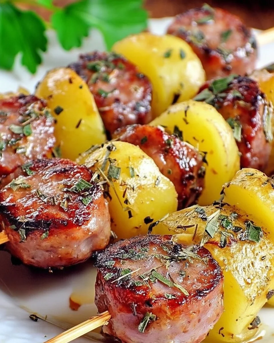 Brochettes de saucisses et pommes de terre grillées sur un plateau