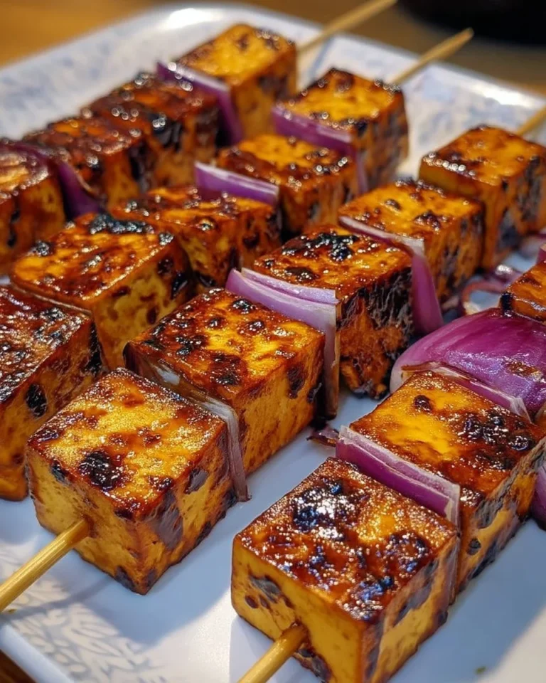 Brochettes de tofu caramélisé avec oignons rouges grillés