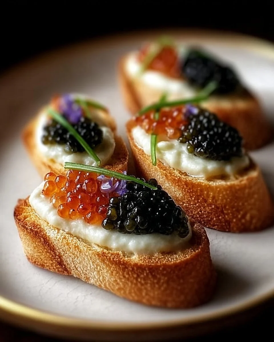 Bruschetta Caviar avec Crème Fraîche sur une assiette élégante