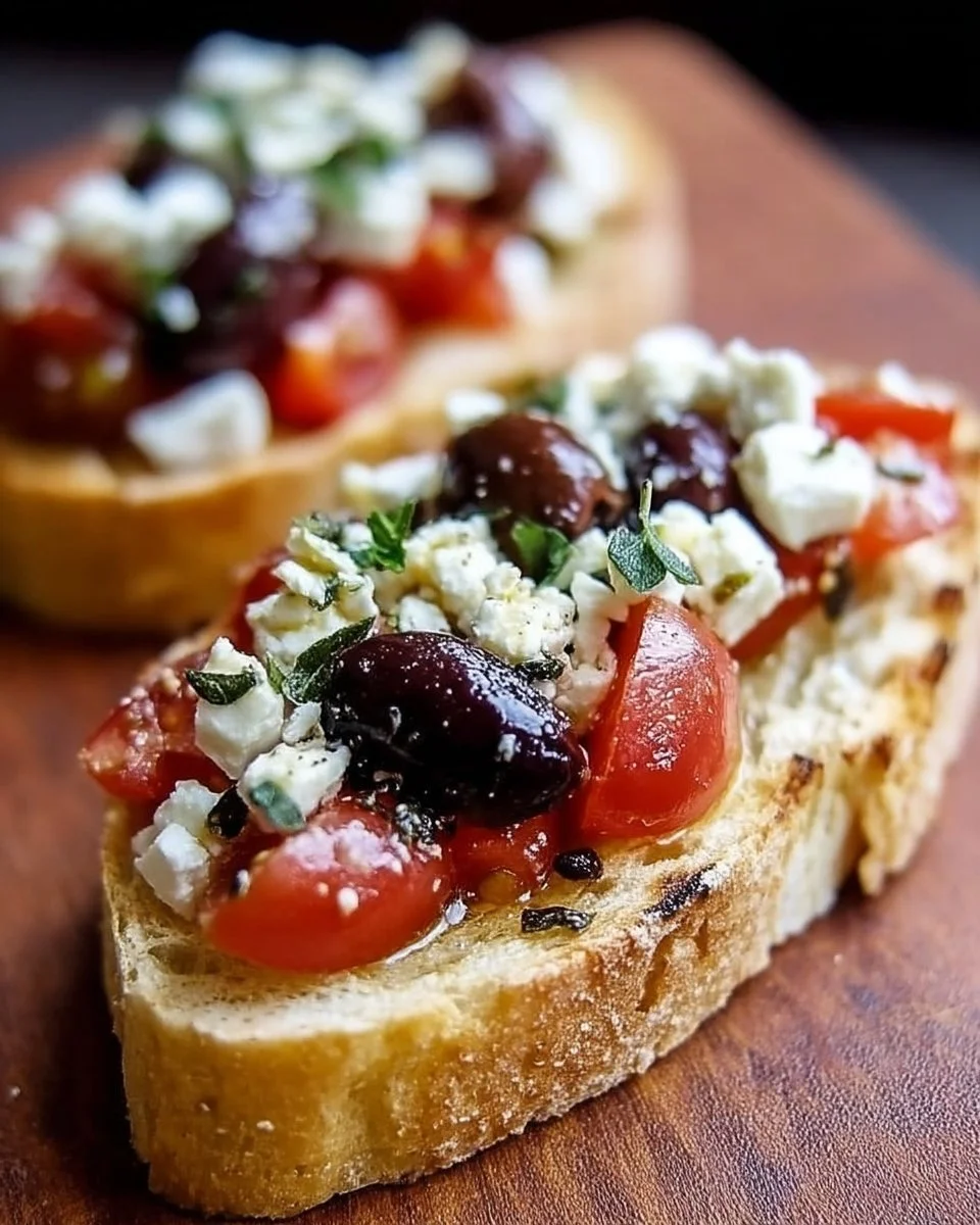 Bruschetta méditerranéenne avec feta et olives sur une planche en bois