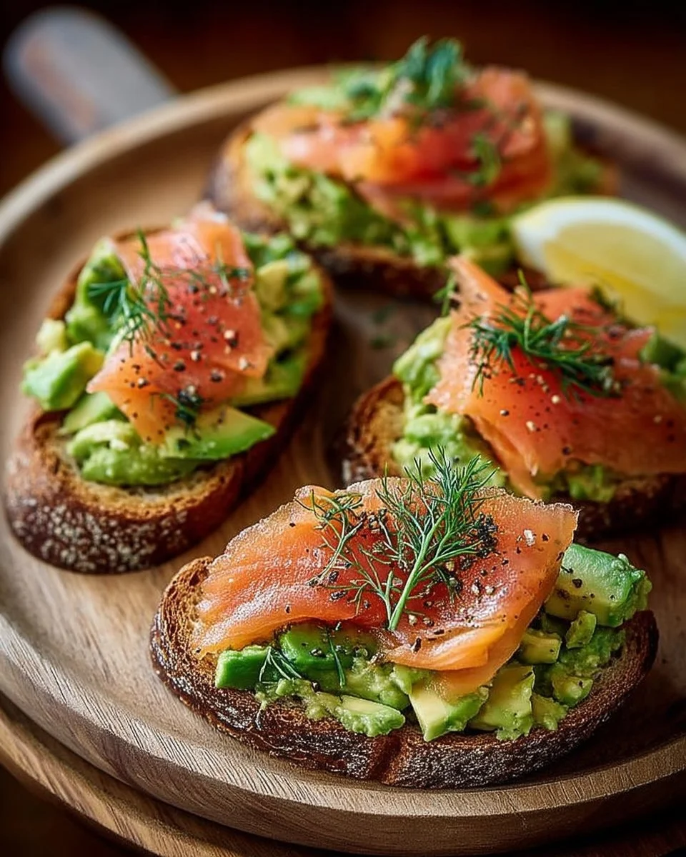 Bruschetta garnie d'avocat frais et de saumon fumé, prête à savourer.