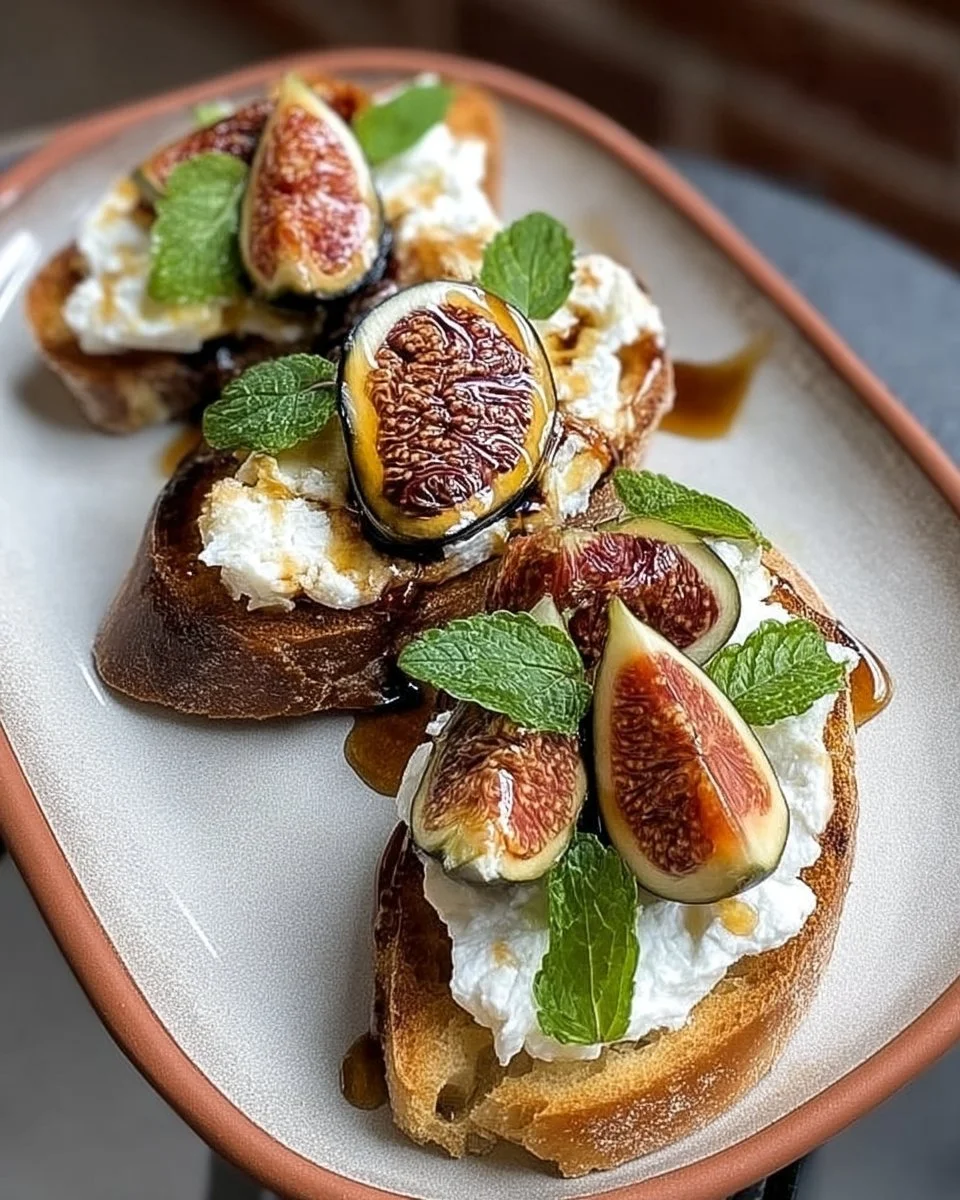 Bruschetta avec burrata, figues fraîches et miel balsamique sur un plat