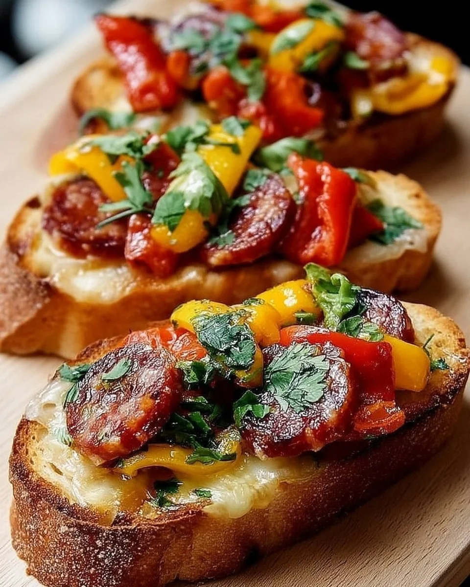 Bruschetta au chorizo et poivrons grillés, un apéritif savoureux.