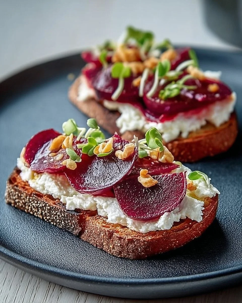 Bruschetta avec fromage de chèvre, betterave et jeunes pousses
