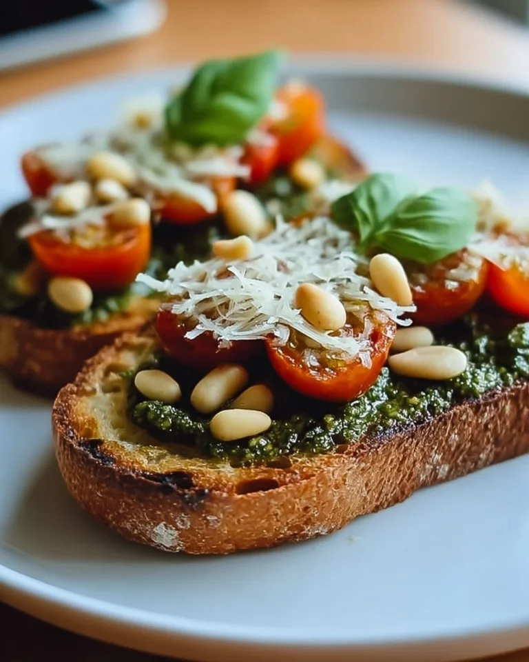Bruschetta au pesto, tomates cerises et pignons sur une assiette élégante.