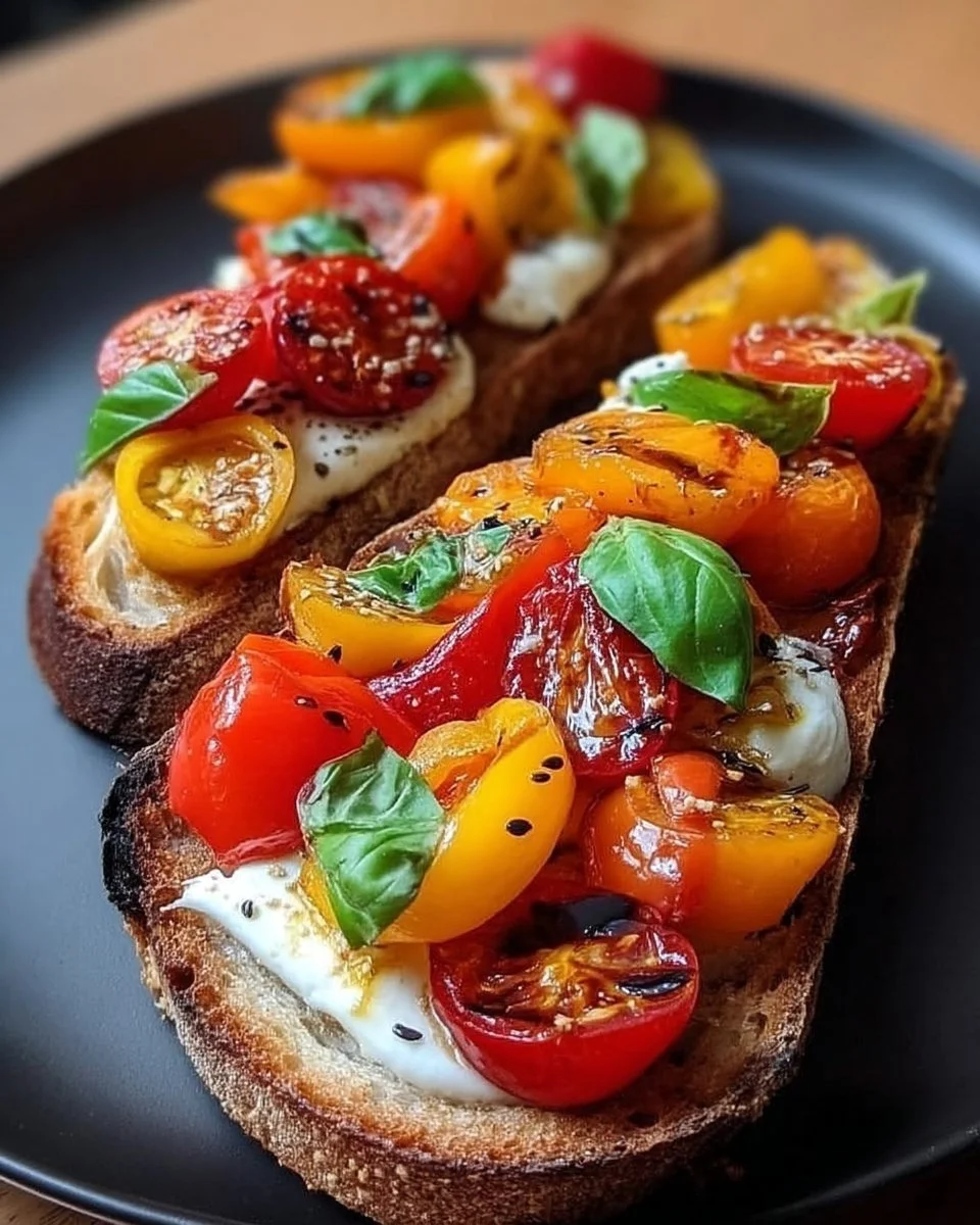 Bruschetta avec poivrons rôtis, burrata et basilic sur une planche en bois