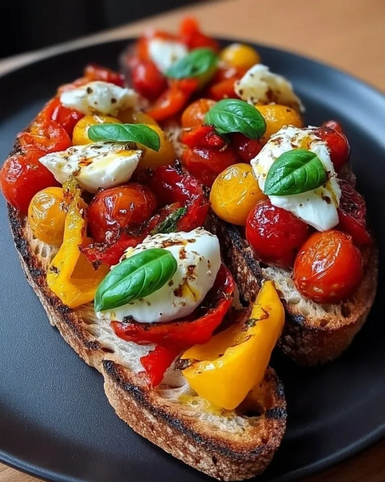 Bruschetta avec poivrons rôtis, burrata crémeuse et basilic frais.