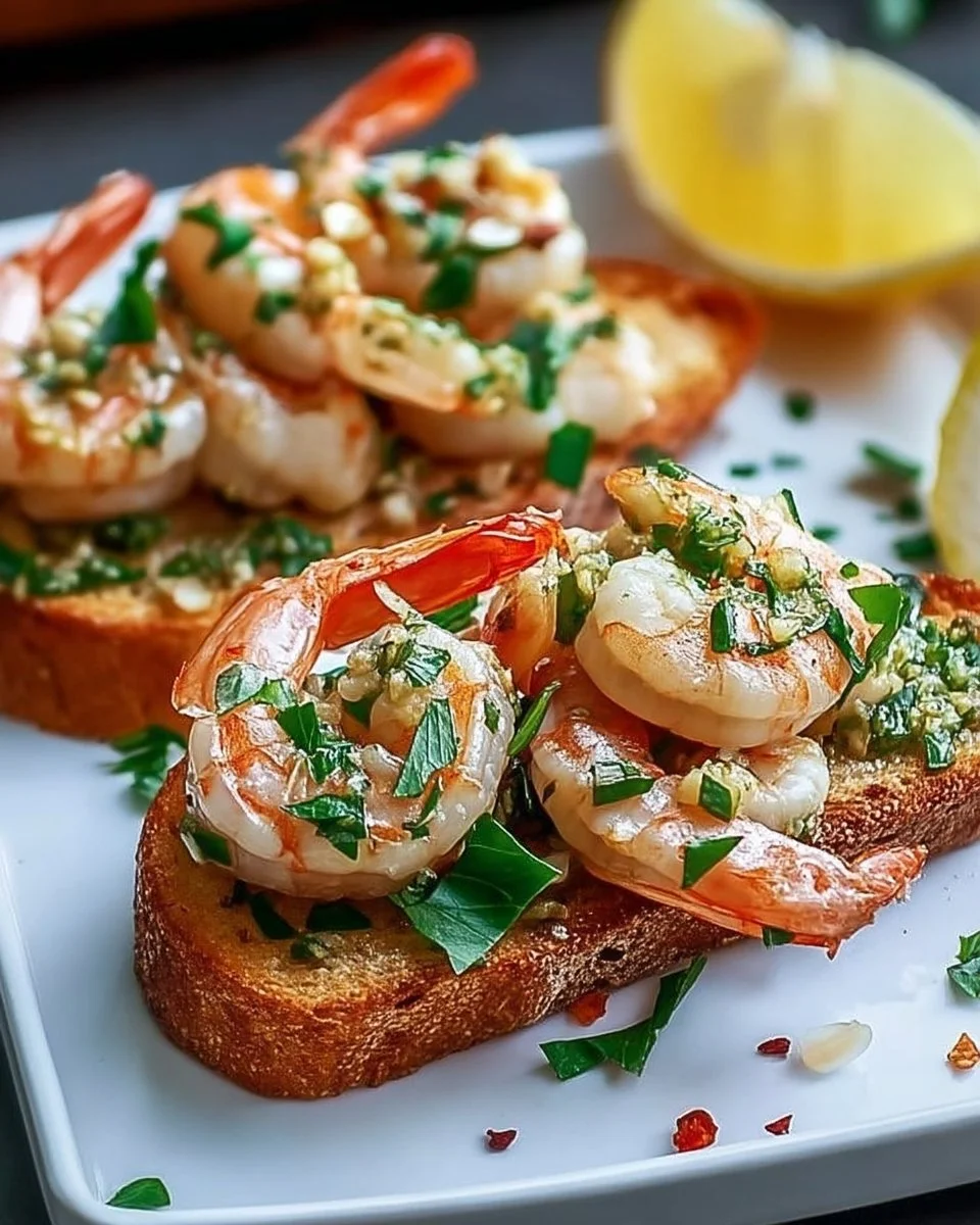 Bruschetta aux crevettes, ail et citron sur un plateau