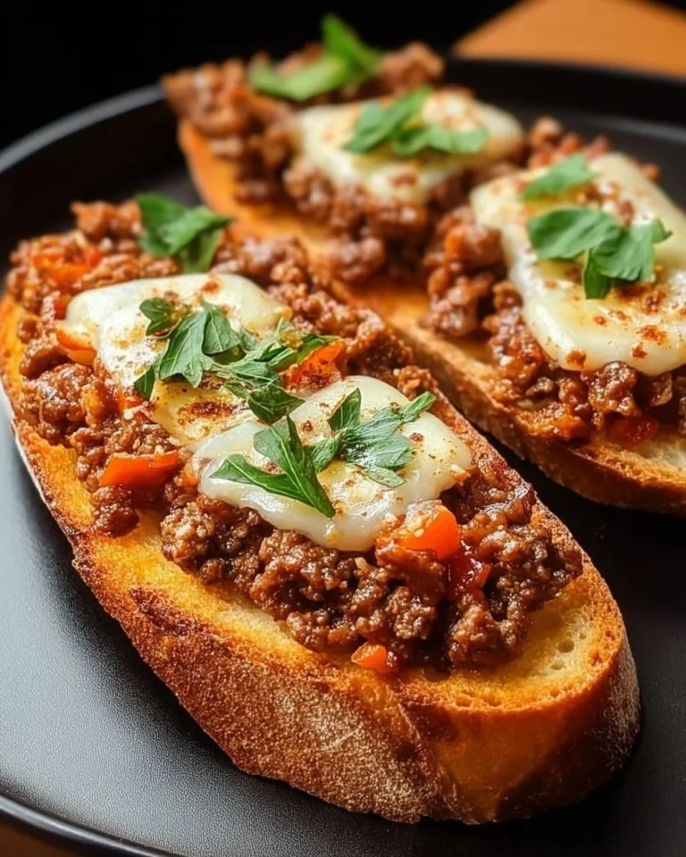 Bruschetta garnie de viande hachée épicée sur une planche en bois.