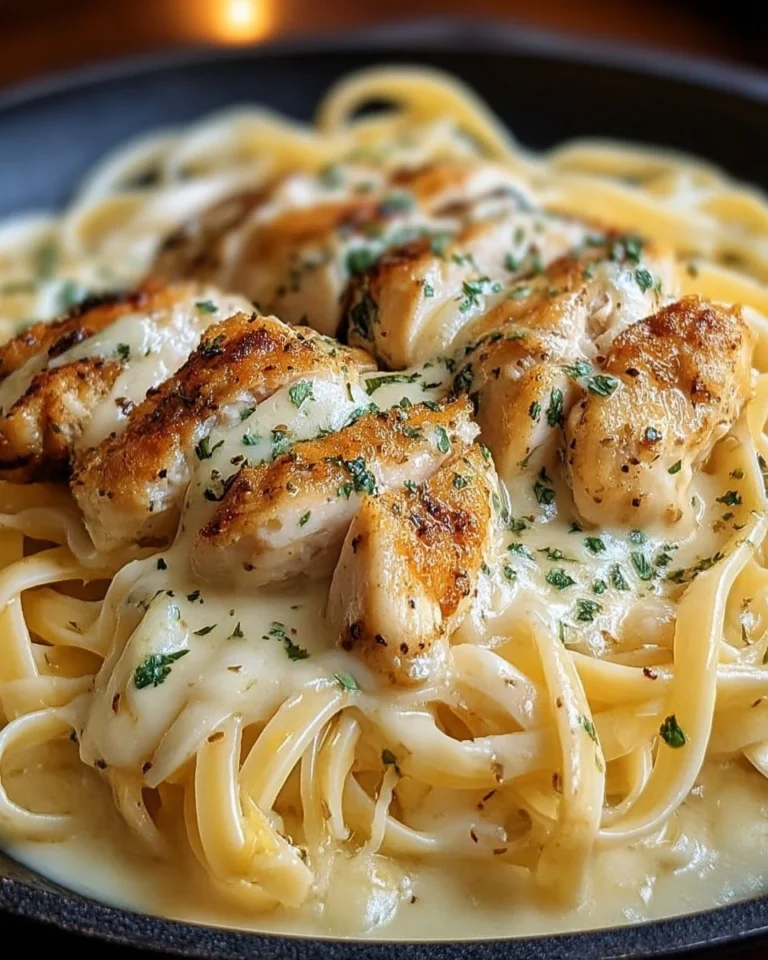 Plat de Chicken Alfredo crémeux avec ail et parmesan, servi avec des pâtes