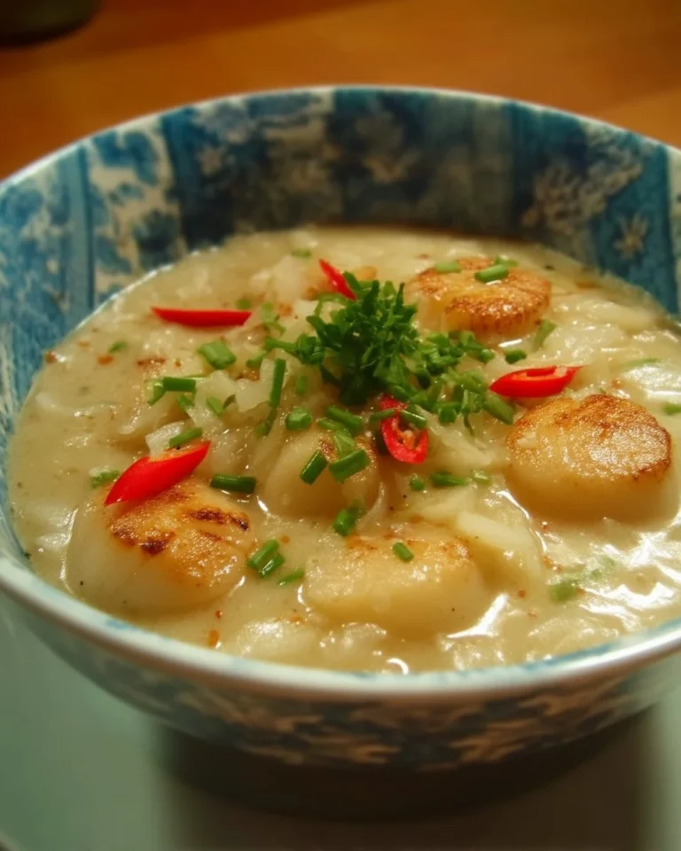 Soupe au lait de coco avec pétoncles, style asiatique, servie dans un bol.