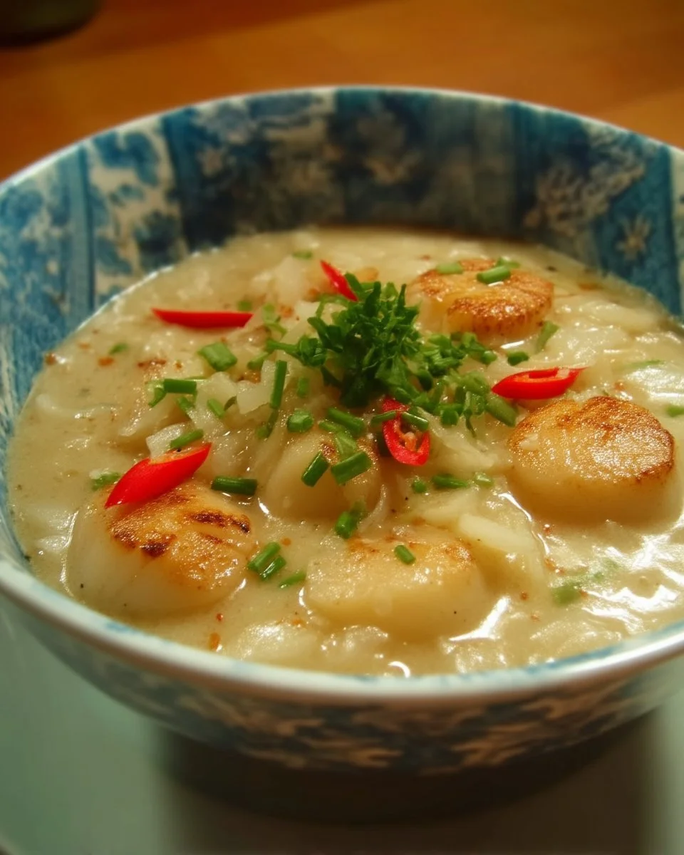 Soupe au lait de coco avec pétoncles, style asiatique, servie dans un bol.