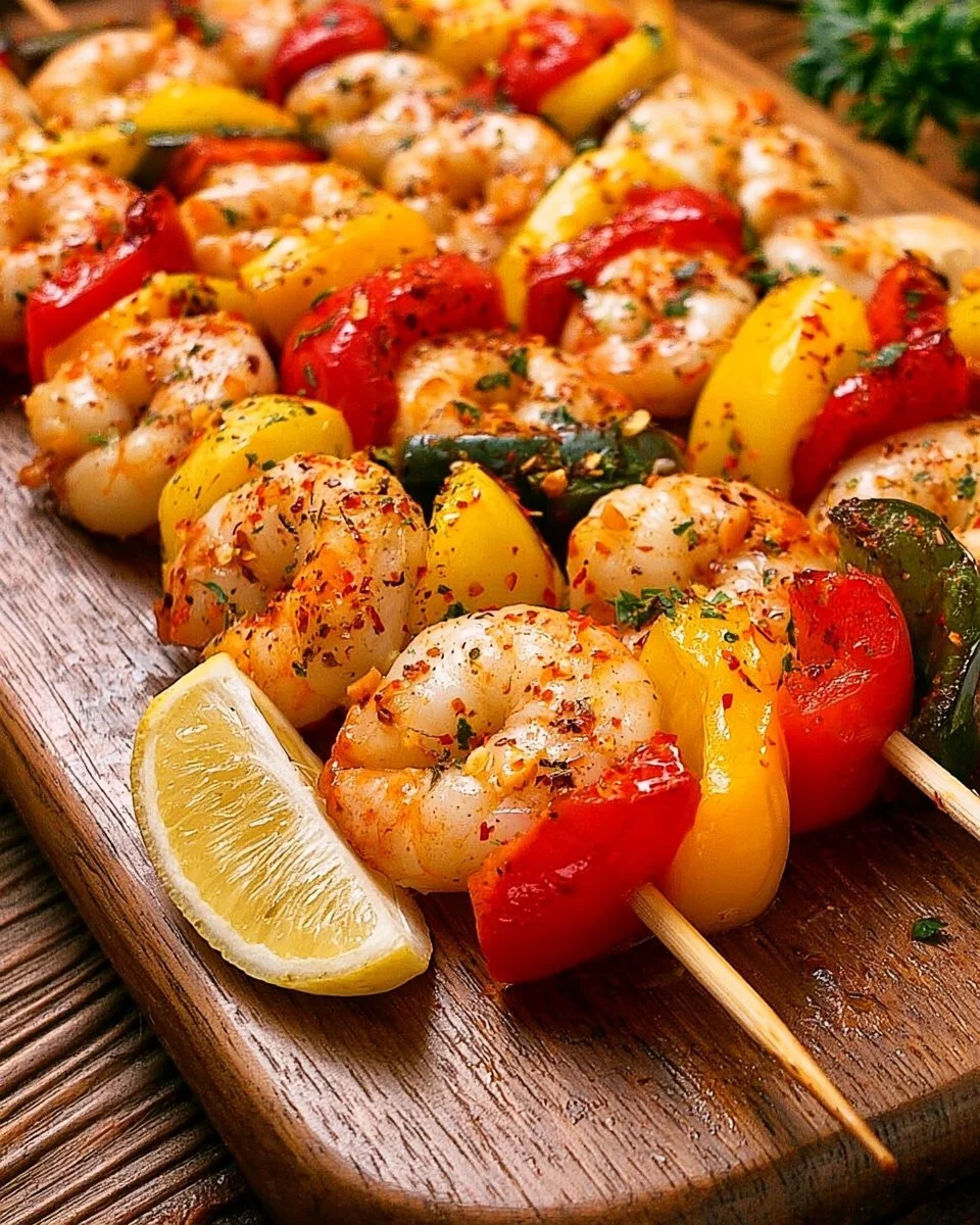 Brochettes de crevettes colorées avec poivrons et ail parfumé sur un grill.