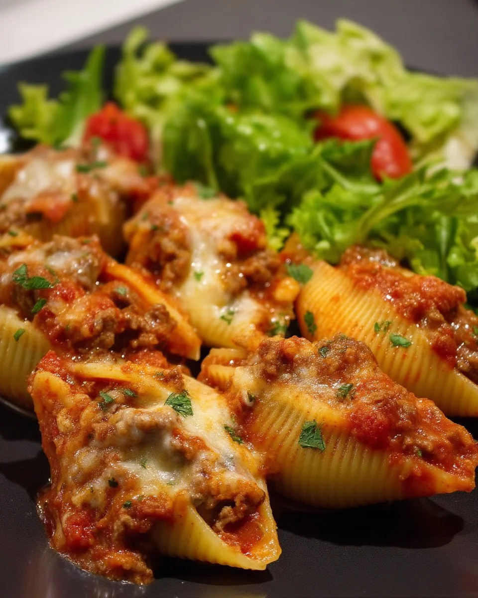 Coquilles farcies au bœuf et salsa prêtes à déguster.