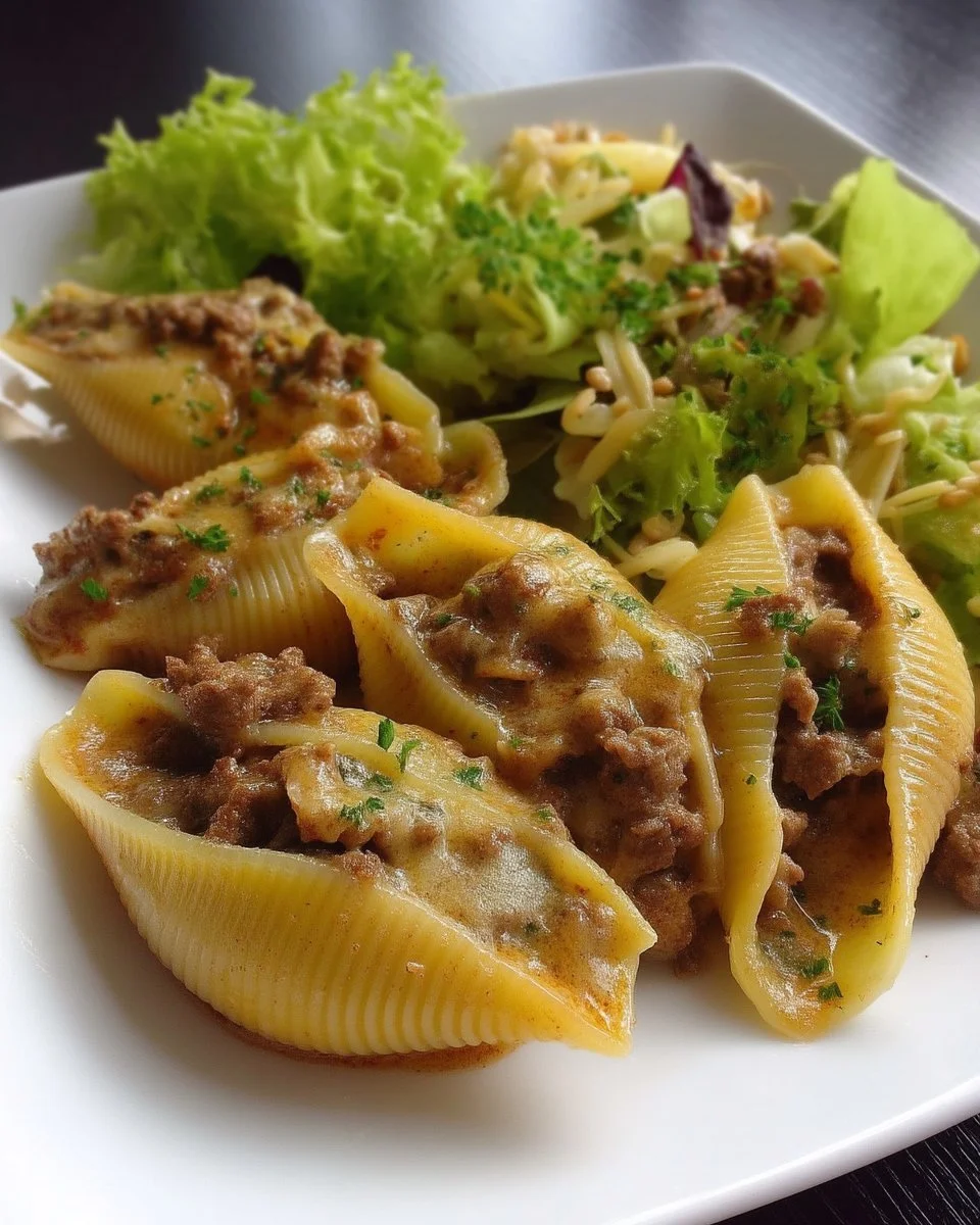 Coquilles farcies au bœuf Stroganoff prêtes à être dégustées