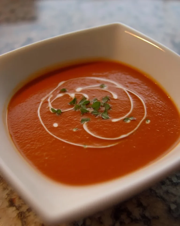 Crème de tomate de Soeur Angèle en bol, garnie de basilic frais.