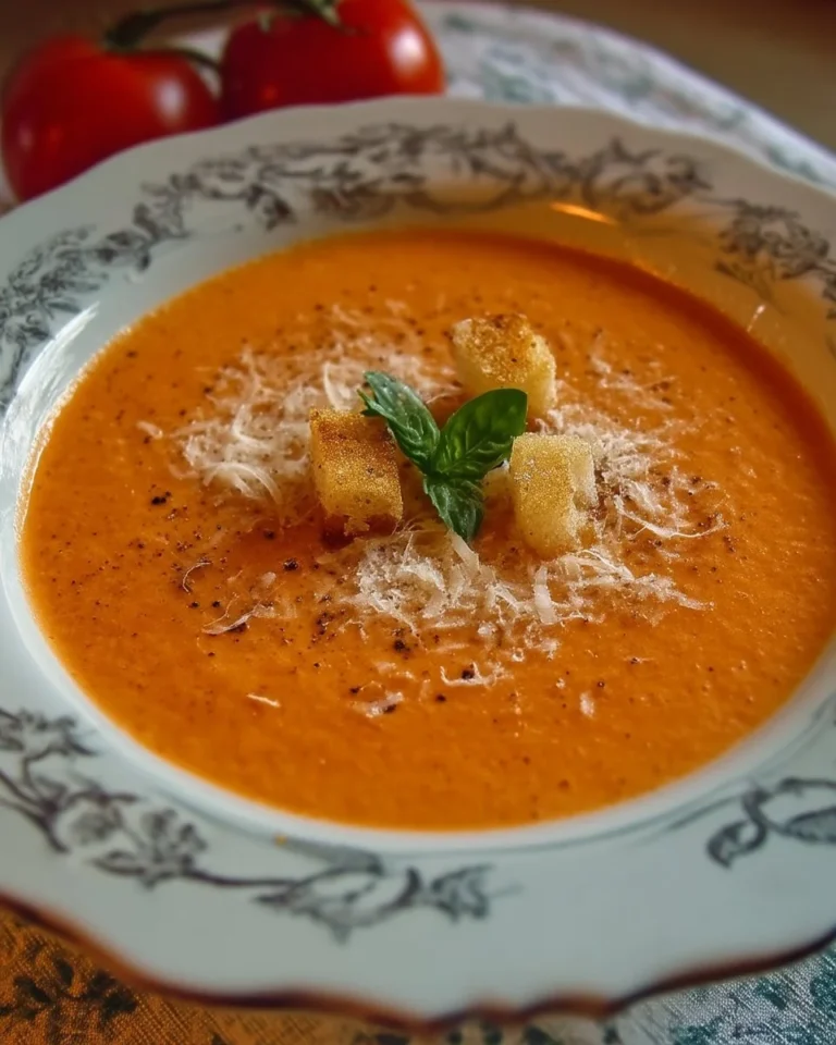 Bol de crème de tomate garnie de copeaux de parmesan frais