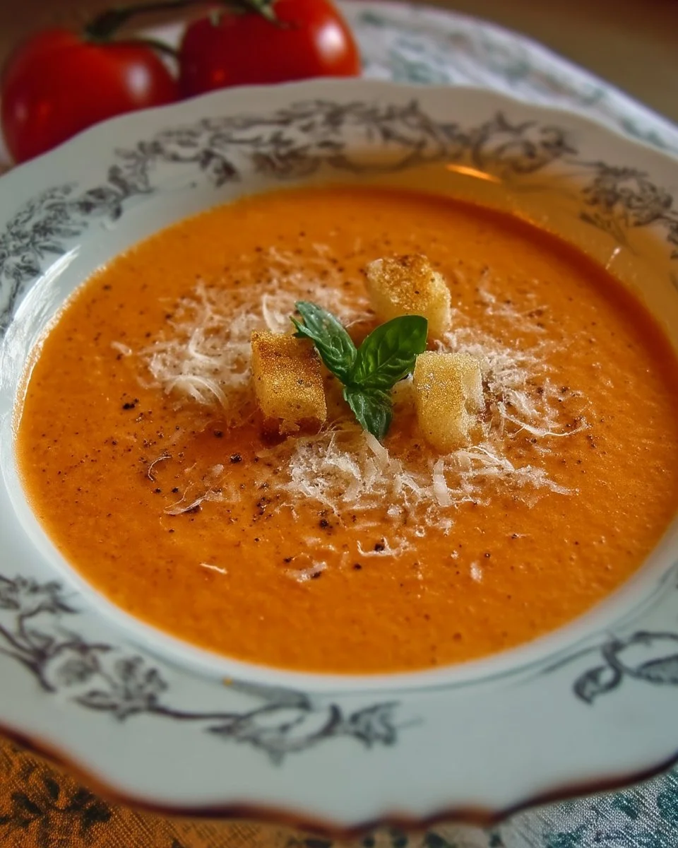 Bol de crème de tomate garnie de copeaux de parmesan frais
