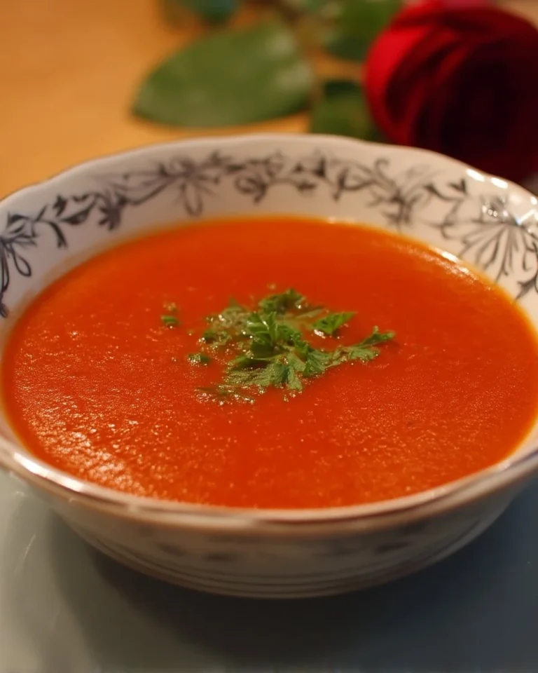 Bowl of homemade crème de tomate garnished with fresh herbs
