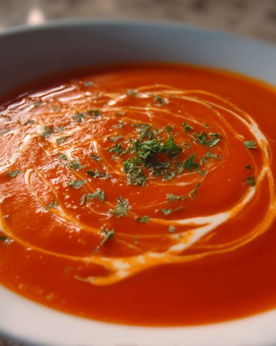 Bol de crème de tomates onctueuse garnie de basilic frais.