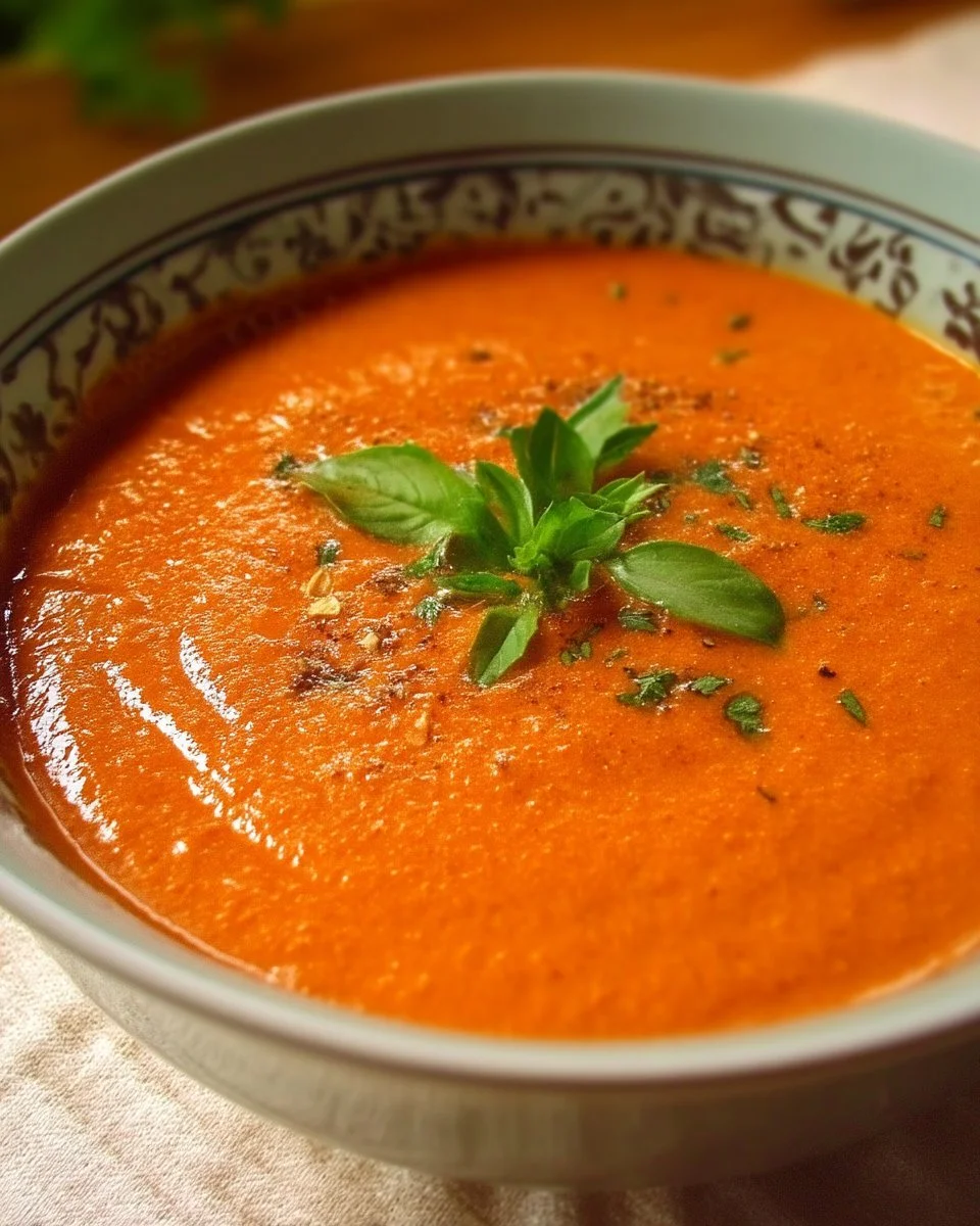 Crème de tomates maison au basilic dans un bol
