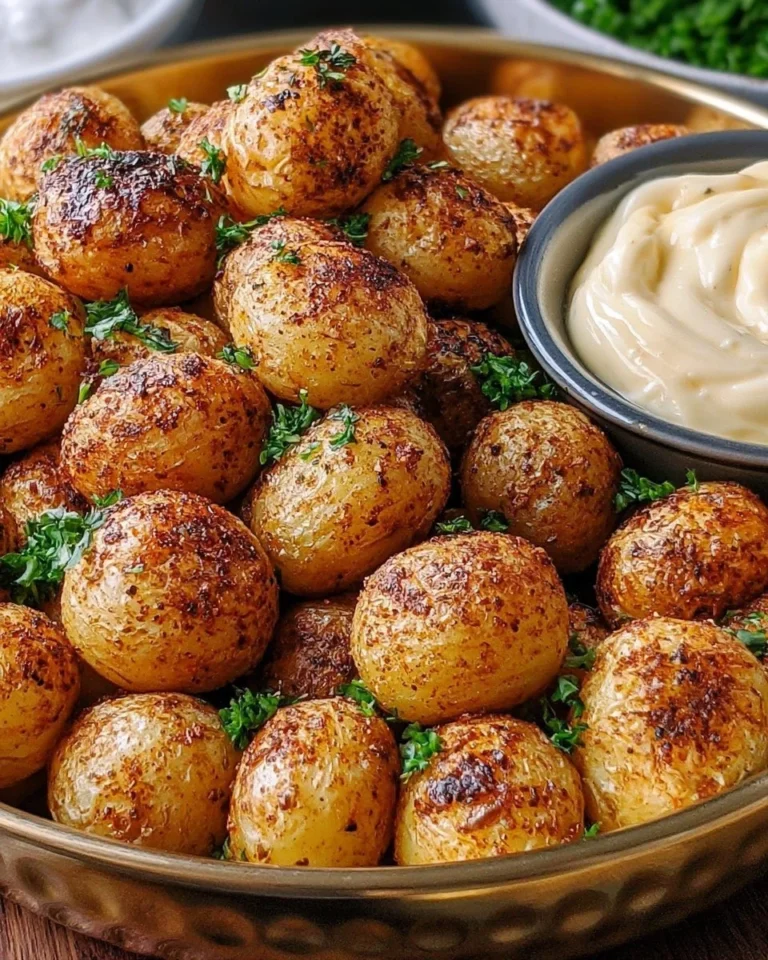 Pommes de terre bébé croustillantes épicées servies avec aioli onctueux.