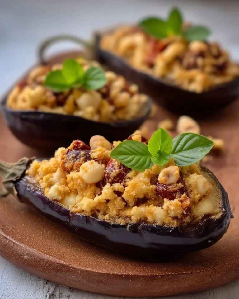 Crumble d'aubergines farcies à la tomate et au fromage, plat savoureux