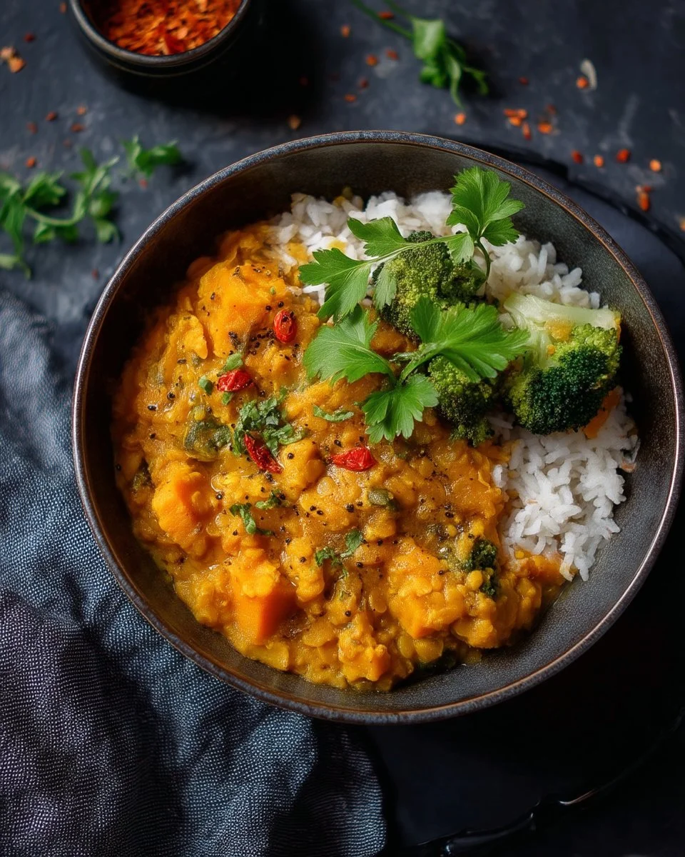 Dhal de lentilles corail avec brocoli et patate douce