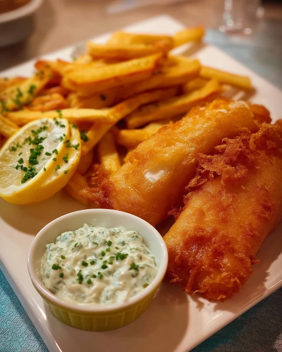 Poisson et frites croustillants servis avec sauce tartare