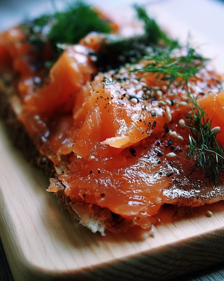 Gravlax de saumon à l'aneth et à l'érable sur une planche en bois