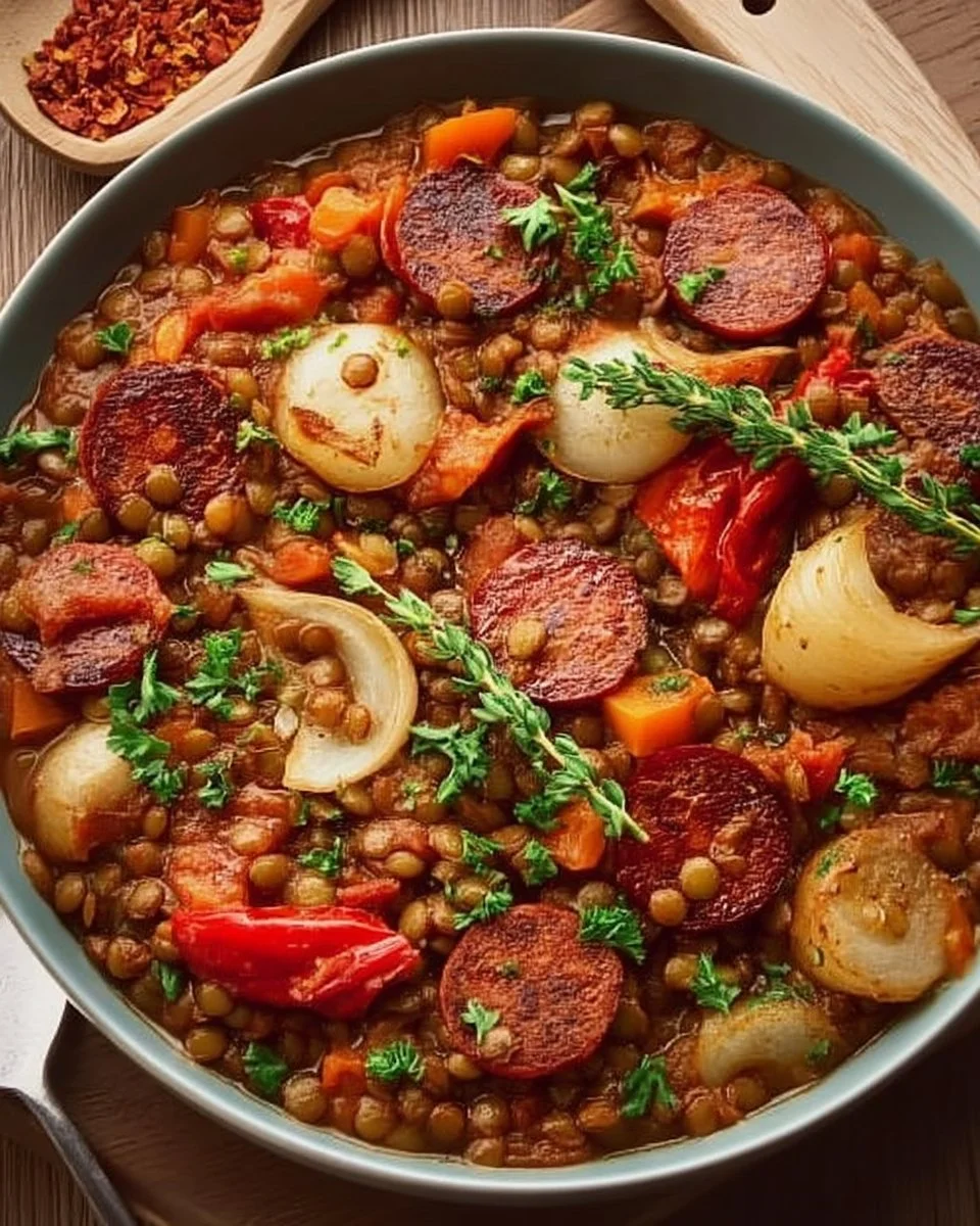 Recette de lentilles chorizo à l'espagnole, un plat savoureux et réconfortant.