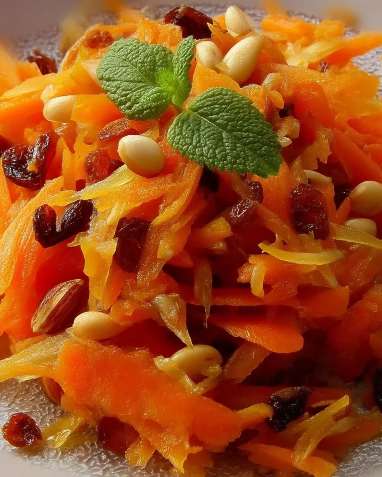 Méli-mélo de carottes, pignons de pin et raisins secs dans un saladier coloré.