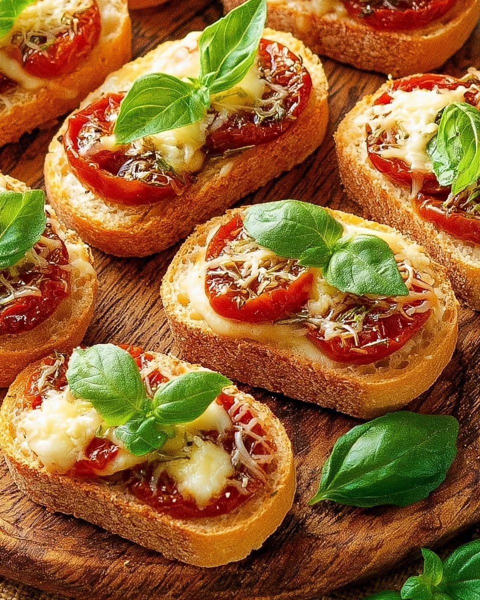 Mini-pains garnis de tomate confite, fromage manchego et basilic frais