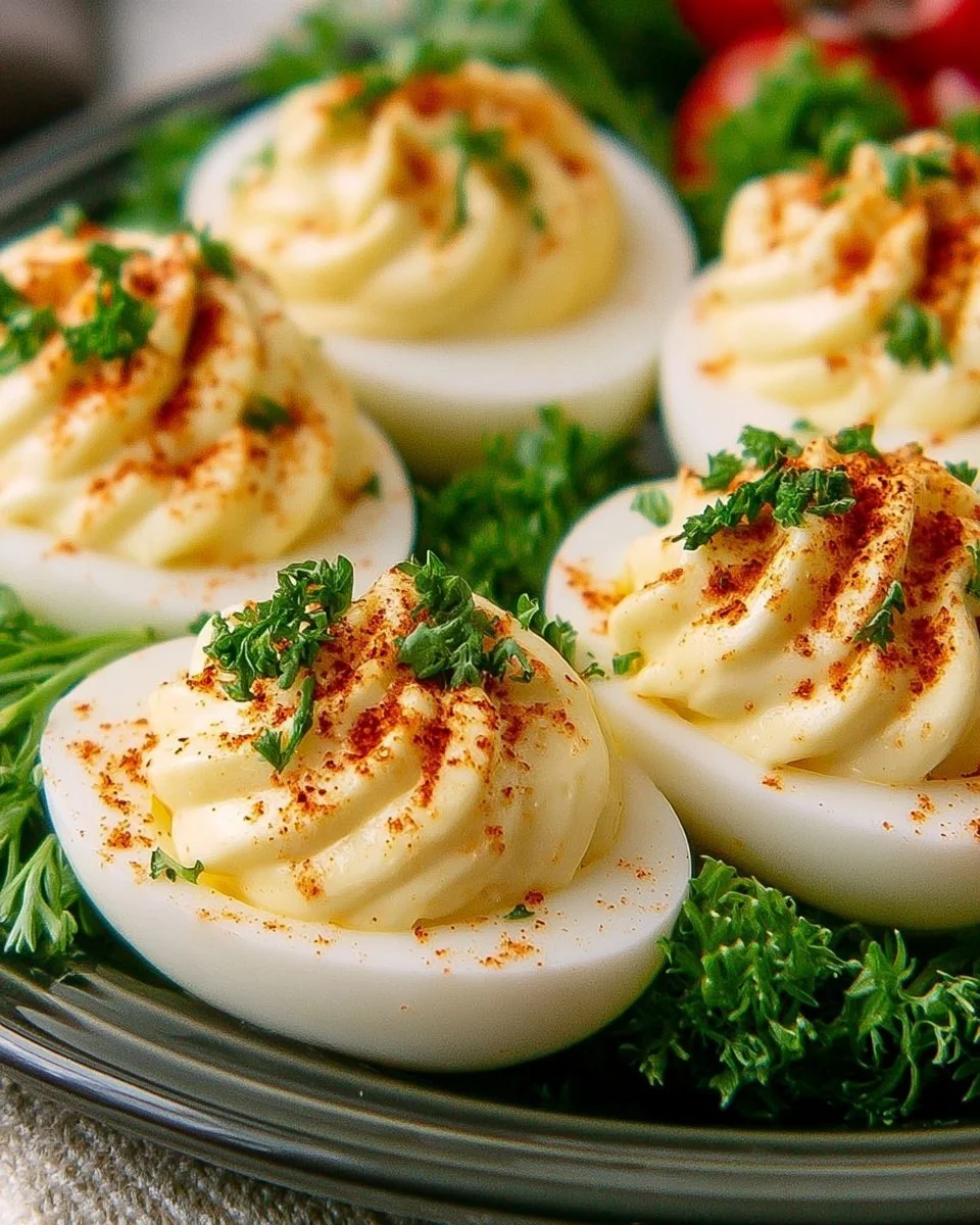 Œufs durs farcis au citron et paprika fumé, présentés sur une assiette chic.
