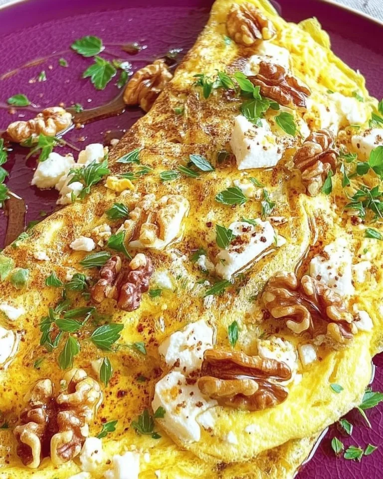 Omelette au chèvre, miel et noix servie dans une assiette élégante.