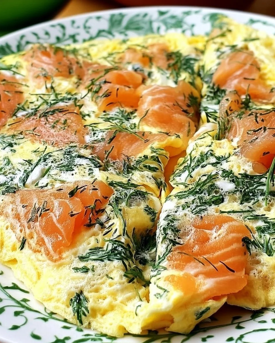 Omelette au saumon fumé et aneth servie dans une assiette